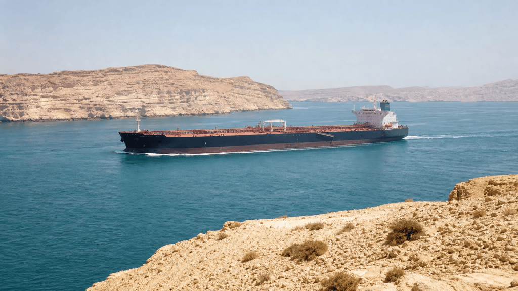 A civilian tanker moves through bright blue-green water beside dry layered limestone coast.