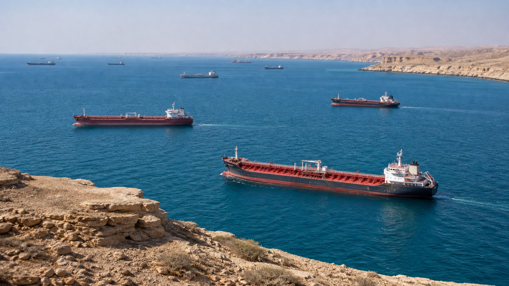 Several civilian tankers move offshore beside a sun-bleached arid Gulf coastline.