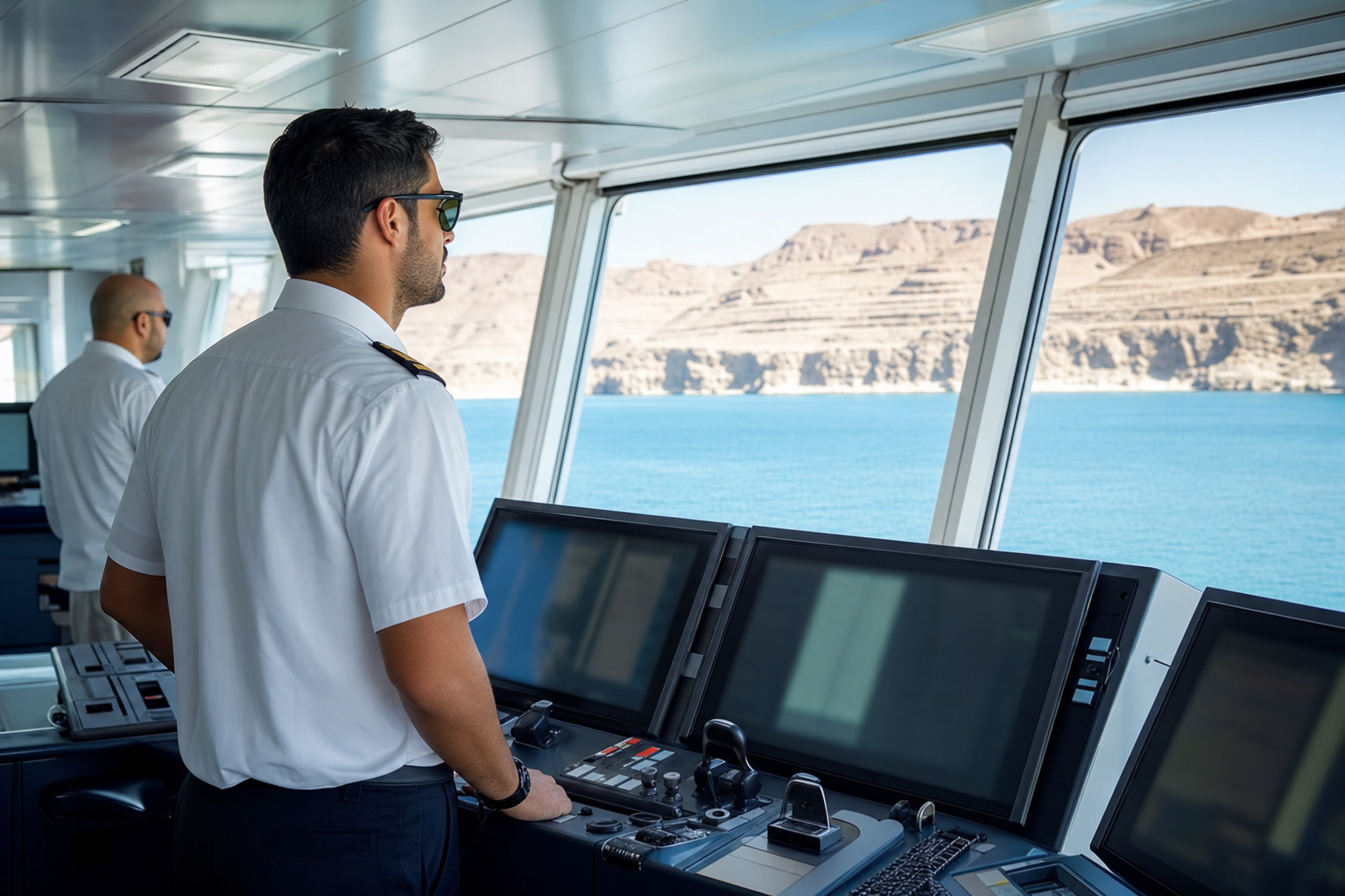 Two seafarers conduct a daylight navigation watch with a dry coast outside.