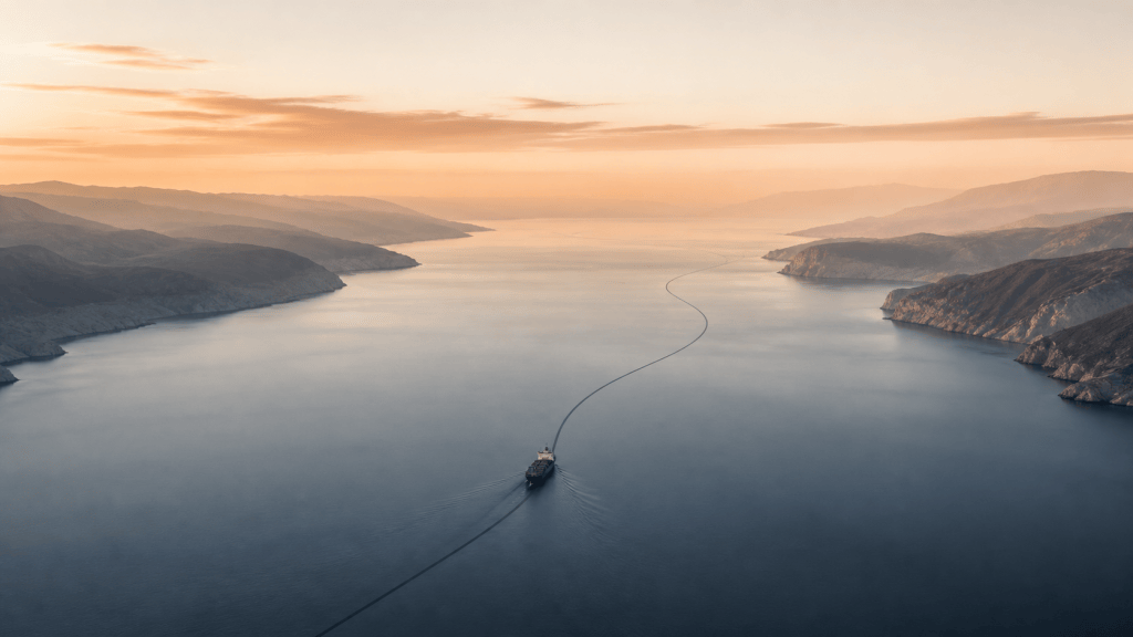 Illustrative aerial view of a narrow maritime corridor at dawn with a single civilian vessel following a dark route line between muted copper and slate water.
