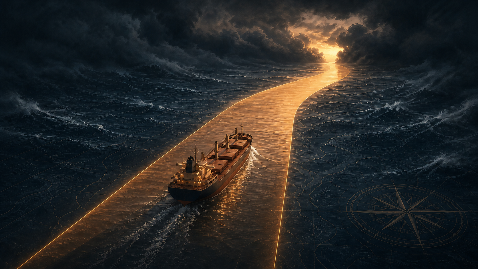 Conceptual illustration of a civilian cargo vessel following a narrow illuminated route through stormy seas toward a possible diplomatic opening.