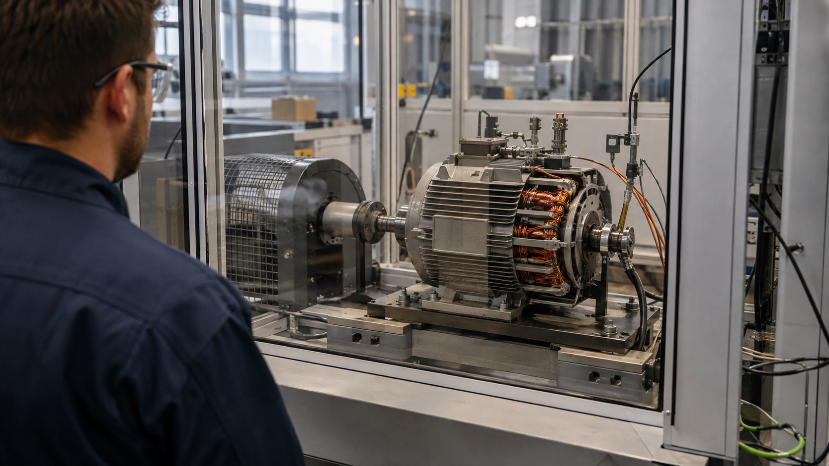 AI-generated illustration of an engineer observing motor-testing equipment behind a safety enclosure.