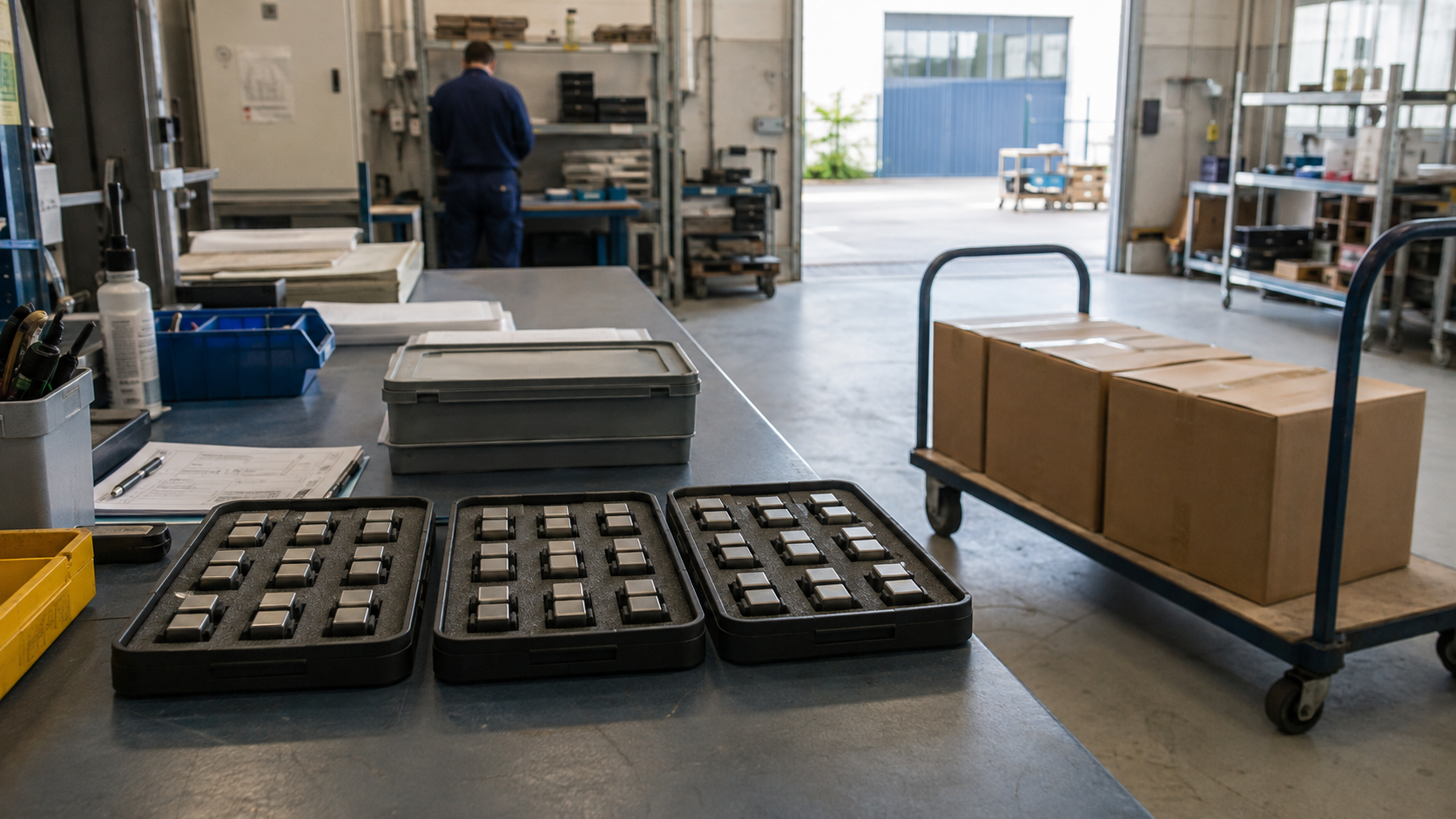 AI-generated illustration of component trays and plain shipping cartons in a factory dispatch area.